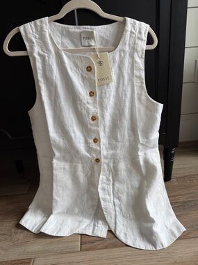Posse Emma White Linen Vest with Tortoiseshell Buttons L NWT